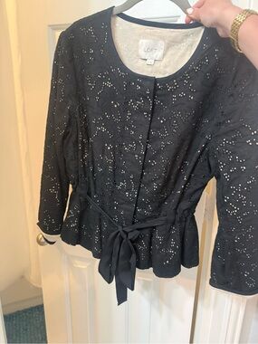 LOFT Black Eyelet Tie-Waist Peplum Top